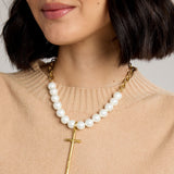 Sloan Stone and Cross Necklace-Pearl